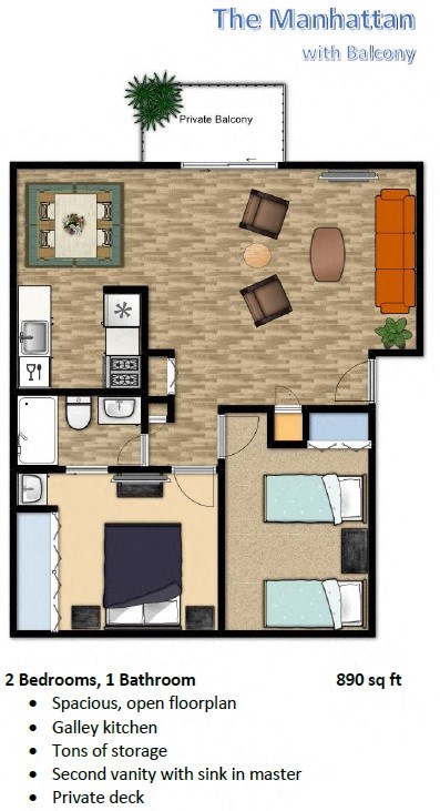 Floor plan for 2 beds, 1 bath, 890 sqft